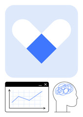 Capsule forming heart symbol, graph with upward trend, and head silhouette with brain activity lines. Ideal for medicine, health, therapy, mental well-being, analysis recovery healthcare. Flat