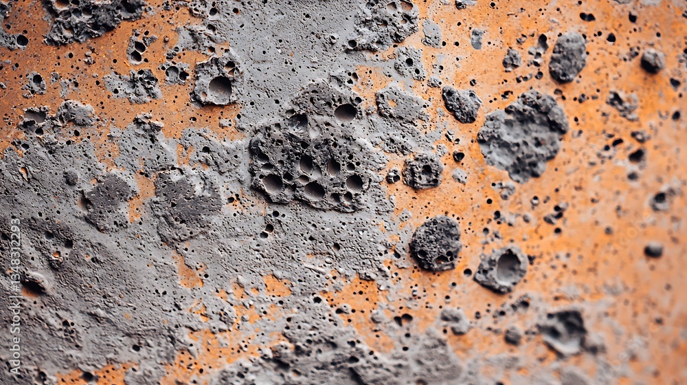 Poster a close-up view of a textured surface displaying rough, crater-like formations against an orange bac
