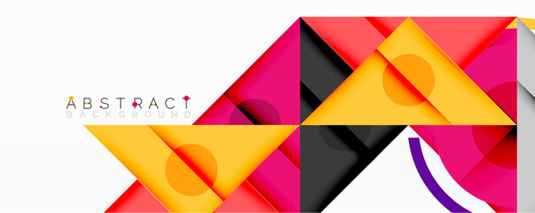 Fototapeta premium Abstract geometric composition with overlapping triangles, circles, and gradients, featuring a central circular design with text