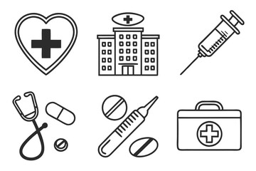 medical healthcare icons black color line art 