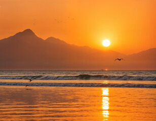 A breathtaking sunrise casts a warm, golden glow over the calm sea, silhouetting distant mountains birds soar gracefully across the vivid sky, creating a serene and inspiring landscape