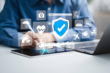 Life and health insurance concept. customer use laptop for insurance online for family, home and...