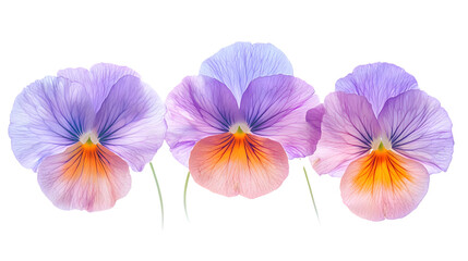 Fototapeta premium Row Of Pastel Pansy Flowers With Orange Centers On Black Background