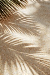 Golden sand stretches under vibrant palm fronds casting shadow patterns at noon