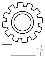 Large gear as centerpiece with minimal wind turbine and straight bars representing progress, industry, and renewable concepts. Ideal for technology, engineering, sustainability, renewable, industry