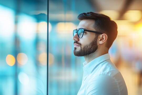 Bearded man with glasses looking out a bright window