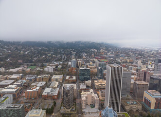 A city view with a foggy sky
