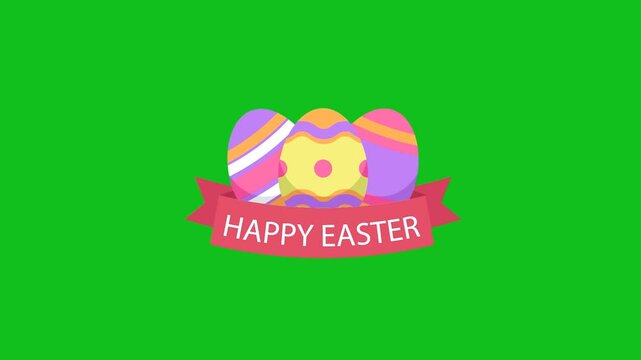 Happy Easter  Day design with animated colorful eggs and ribbon on Chroma key green screen background.