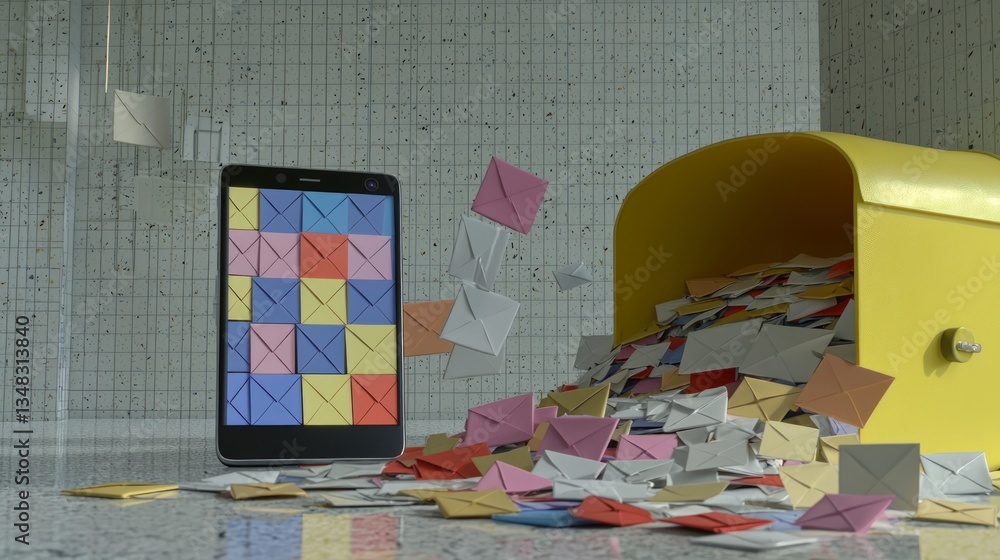 Poster overwhelmed inbox smartphone mailbox emails overflowing