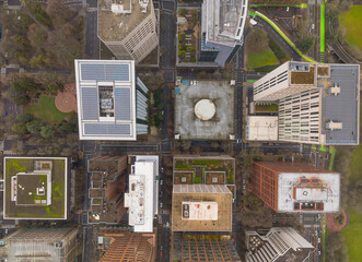 A city view with a large building in the middle