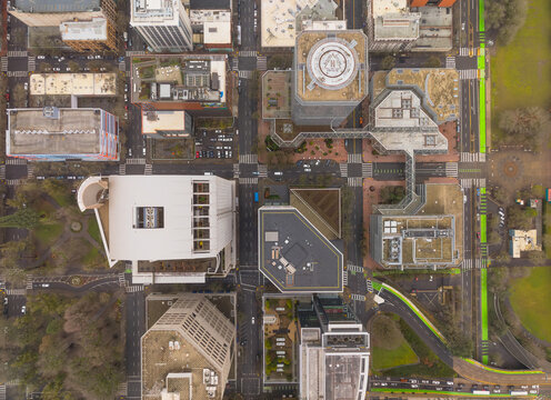 A city view with a green line running through it