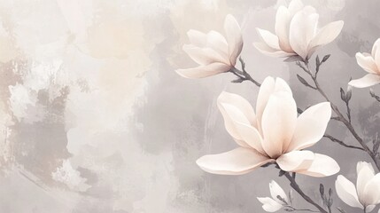A delicate arrangement of white magnolia blossoms with soft pastel hues against a textured gray background