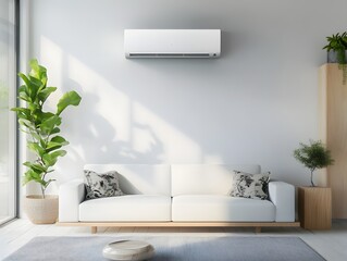 Sleek white wall air conditioner in a modern minimal living room.