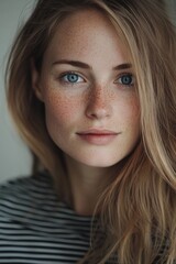 Close-up of a freckled woman with blue eyes, natural makeup, and a striped shirt, showcasing her serene expression.