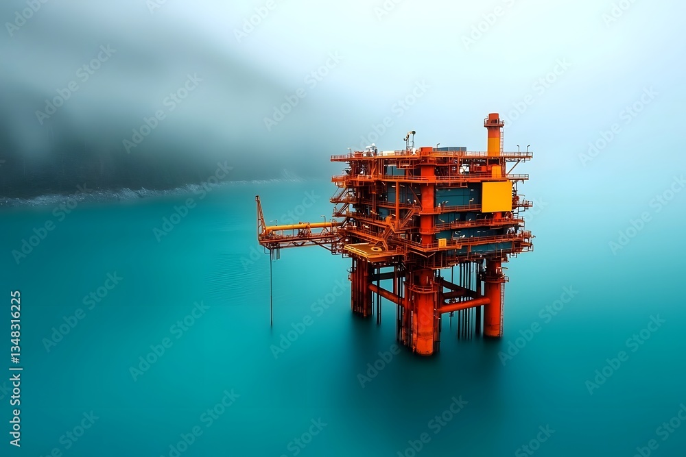 Poster a towering offshore oil rig stands tall its intricate metallic structure and pipes perfectly mirrore
