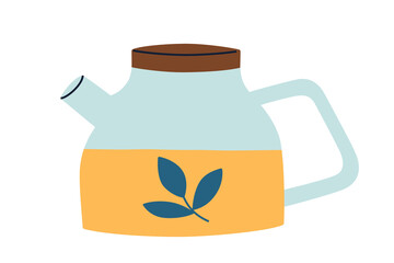 Minimalist icon of glass teapot with wooden lid, filled with herbal tea. Vector illustration in flat style on tea culture, hot beverages doodle, organic drinks, relaxation, healthy lifestyle