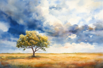 Fototapeta premium lonely tree on the field, water color