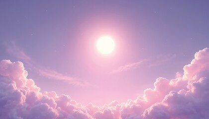 Purple sun shining on a cloud sky pastel background. Wallpaper, rainbow colored, perfect for card, poster, sweet gradient backdrop with free space for text or product presentation. Dreamy artwork.