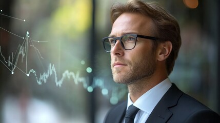 Focused businessman analyzing financial data reflected in window