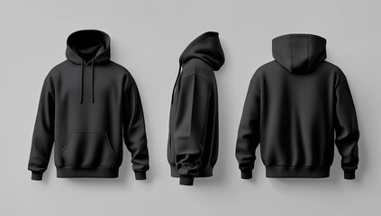 Blank black hoodie mockup. Multiple views, front, side, and back