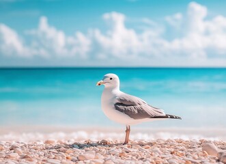 Fototapeta premium Photograph of a seagull on the beach, standing on pebbles near the sea water. This is a wildlife photography stock photo.