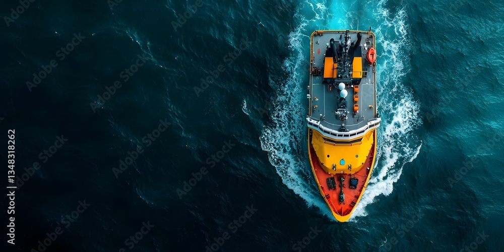 Poster aerial perspective of an offshore seismic research vessel equipped with advanced sonar and monitorin