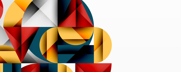 Abstract geometric artwork with overlapping circles and gradients, circle square triangle shapes background featuring sharp angular cuts, smooth shading, and structured layered composition