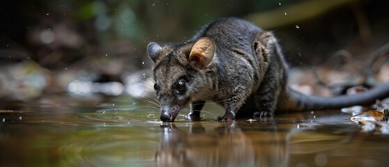 Fototapeta premium Breathtaking HDR wildlife photo of mountain brushtail possum drinking from a crystal clear rainforest stream water reflections dramatic depth of field award winning nature photography