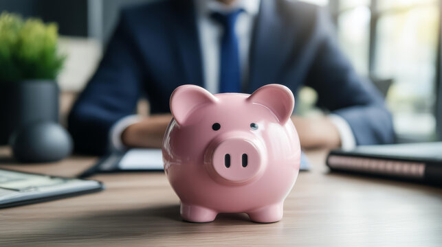 businessman focuses on saving money with pink piggy bank on table, symbolizing financial planning and investment
