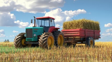 Obraz premium Cartoon-style 3D render of a colorful tractor pulling a hay-filled wagon, designed with bright tones and playful shapes. A cheerful, vibrant farm-themed illustration.