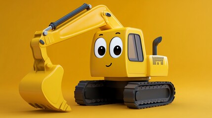 Fototapeta premium Cute Yellow Cartoon Excavator 3D Render