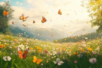 A vibrant meadow filled with colorful butterflies and blooming flowers in the golden light of sunset © sanaan