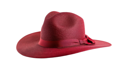 Elegant red panama hat with ribbon and bow on transparent background