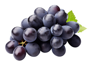 bunch of grapes isolated on white Freshly picked black grapes with water droplets glistening in bright light, PNG, Transparent background.