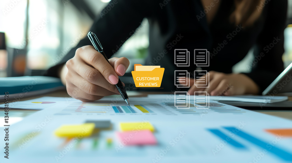 Poster business analyst reviewing customer feedback and data analytics for insights and improvements
