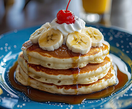 Delicious banana and cherry pancakes drizzled with syrup.