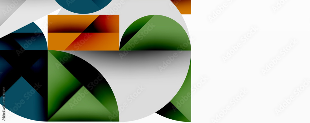 Poster Abstract geometric design with intersecting circles, triangles, squares and sharp angles creating a layered composition with gradients, depth, and contrast