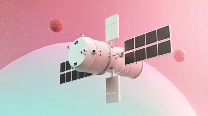 Naklejka premium Futuristic Satellite Orbiting a Colorful Alien Planet