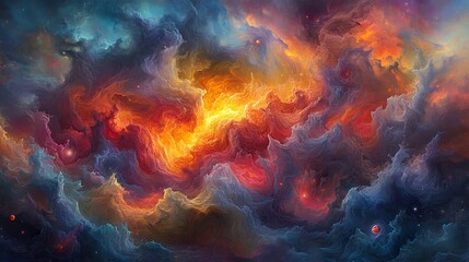 Vibrant cosmic nebula in space with swirling clouds of orange, red, and blue hues creating a mesmerizing astrophotography scene