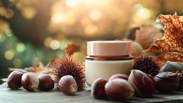 A jar of nourishing skincare cream surrounded by fresh chestnuts, spiky husks, and dry autumn leaves, evoking a natural, seasonal beauty concept. Ideal for themes of organic skincare, autumn wellness