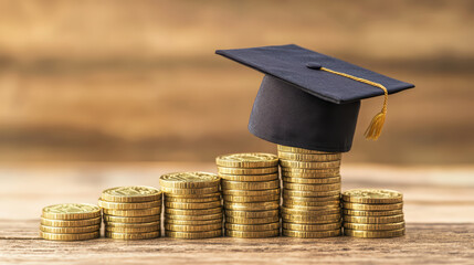 Graduation cap on stack of gold coins symbolizes cost of education and financial investment in future success