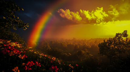 Obraz premium The Ethereal Allure of a Rainbow – A Stunning Display of Harmonious Vibrant Hues, Set Against a Serene and Idyllic Scenic Backdrop