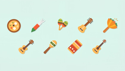 Colorful Mexican Food and Musical Instruments Icons on Light Background  