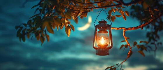 Lantern hanging from a branch under a twilight sky with a crescent moon and soft clouds