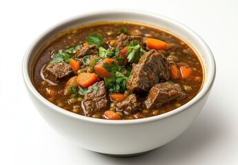 Hearty beef stew in a white bowl