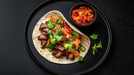 A delicious Korean buogi taco is served on a black plate garnished with kimchi, cilantro, sesame seeds, and pickled onions showcasing vibrant colors and textures.