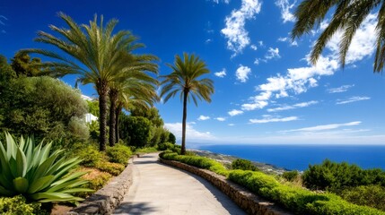 Fototapeta premium Mediterranean garden with palm trees overlooking the sea in sunny day