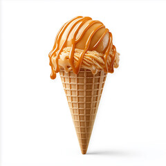 Delicious Caramel Ice Cream Cone with Waffle Isolated on White Background