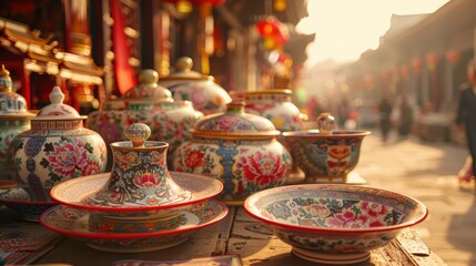 Colorful traditional pottery displayed on a wooden table in a bustling market street at sunset