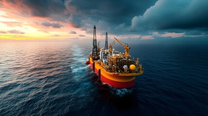 Aerial view of a massive state of the art offshore floating LNG FLNG facility processing natural gas surrounded by the vast open ocean and a dramatic cloudy sky at sunset